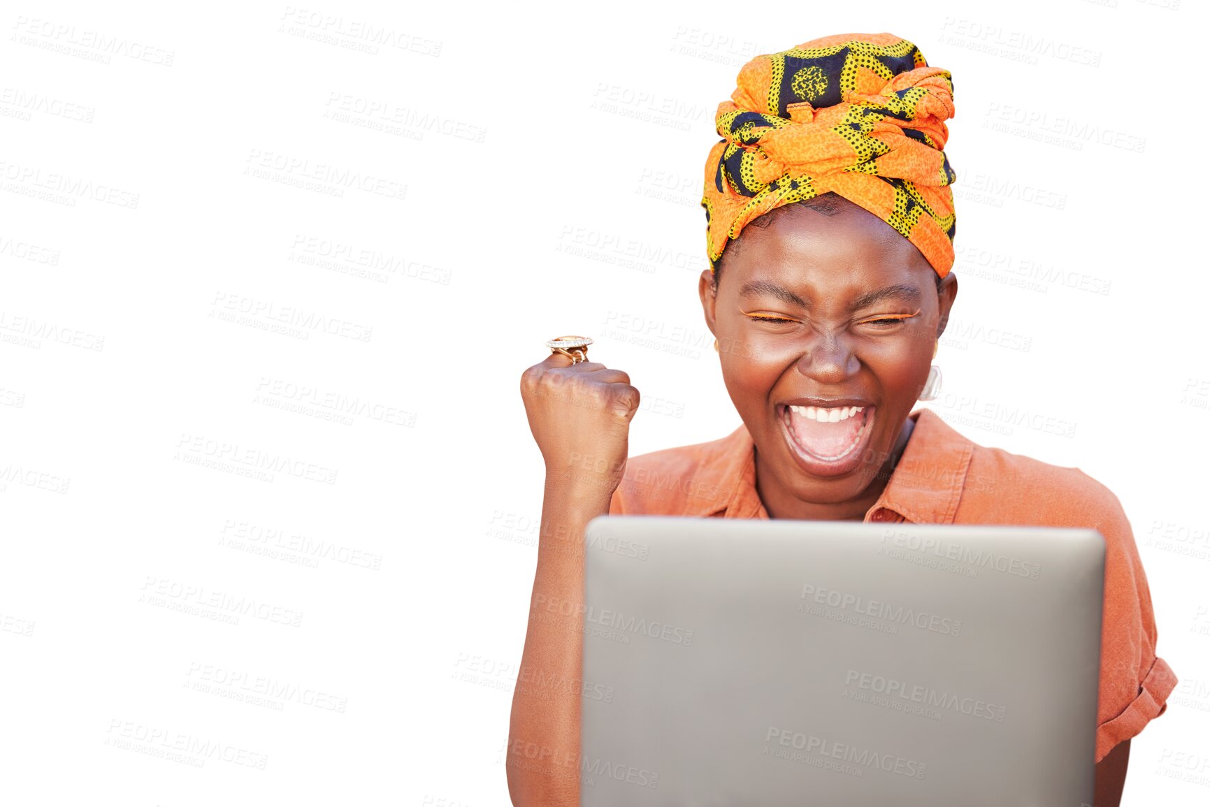 Buy stock photo Winning, laptop and African woman isolated on a transparent, png background for good news, bonus or success. Happy person or winner with fist, yes and celebration on computer for giveaway or discount