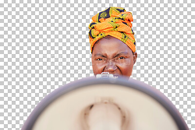 Megaphone, black woman or African protest with voice for justice and freedom of speech or gender equality, isolated on a transparent png background. Vote, shout and politics, angry for change