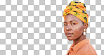 Serious face, black woman and natural beauty with head scarf and cosmetics isolated on a transparent png background. Jamaican female, girl and lady with traditional turban and attitude