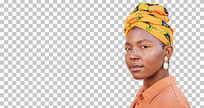 Serious face, black woman and natural beauty with head scarf and cosmetics isolated on a transparent png background. Jamaican female, girl and lady with traditional turban and attitude