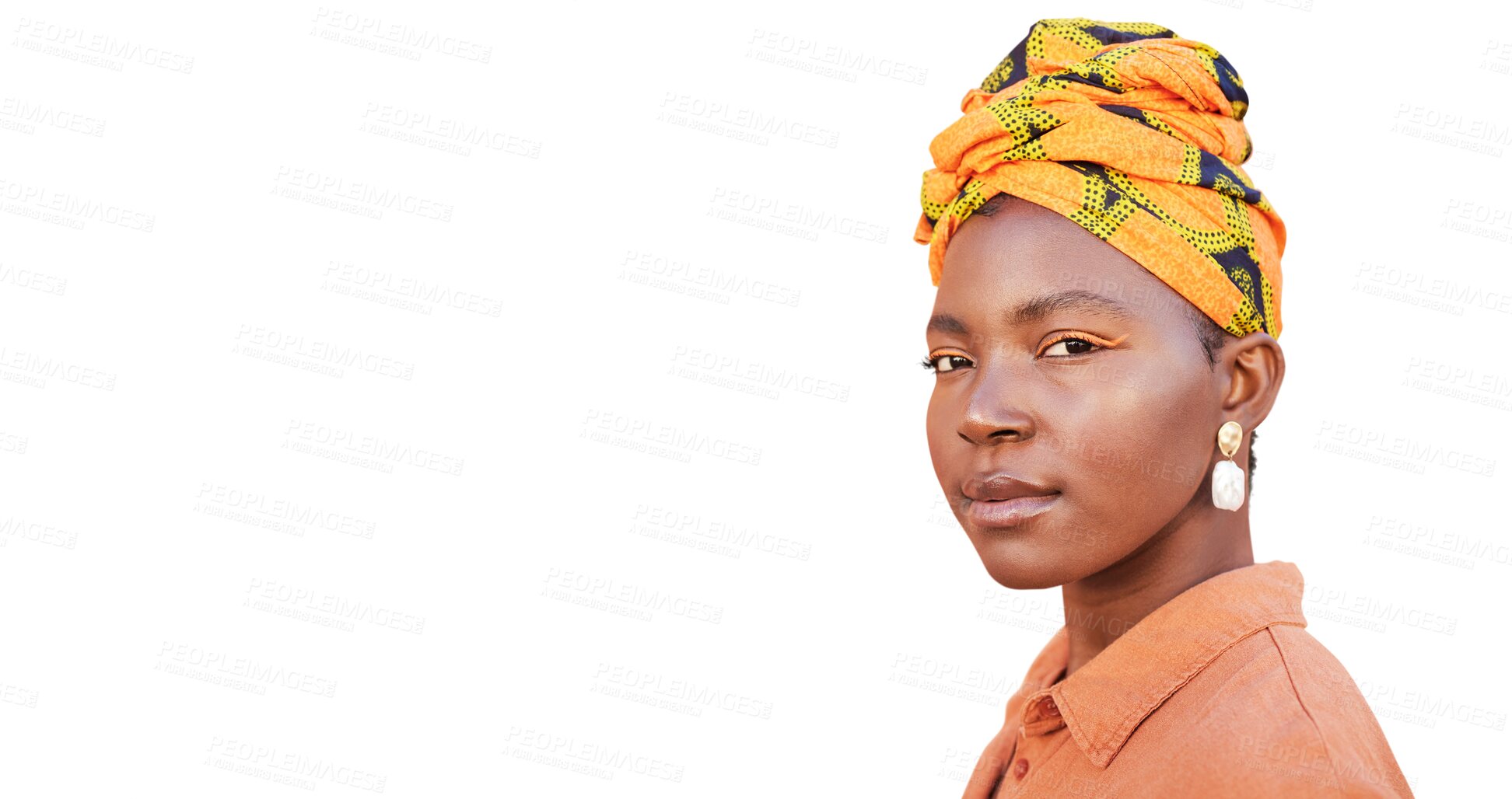 Buy stock photo Serious portrait, black woman and head scarf for culture isolated on a transparent png background. African model, cultural and lady with traditional turban, makeup and accessories for heritage