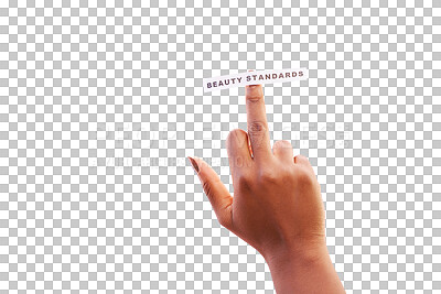 Woman, middle finger and rebel against beauty standards on isolated, transparent png background to protest opinion, society or stereotype. Body positive or rude hand sign to reject unrealistic ideals