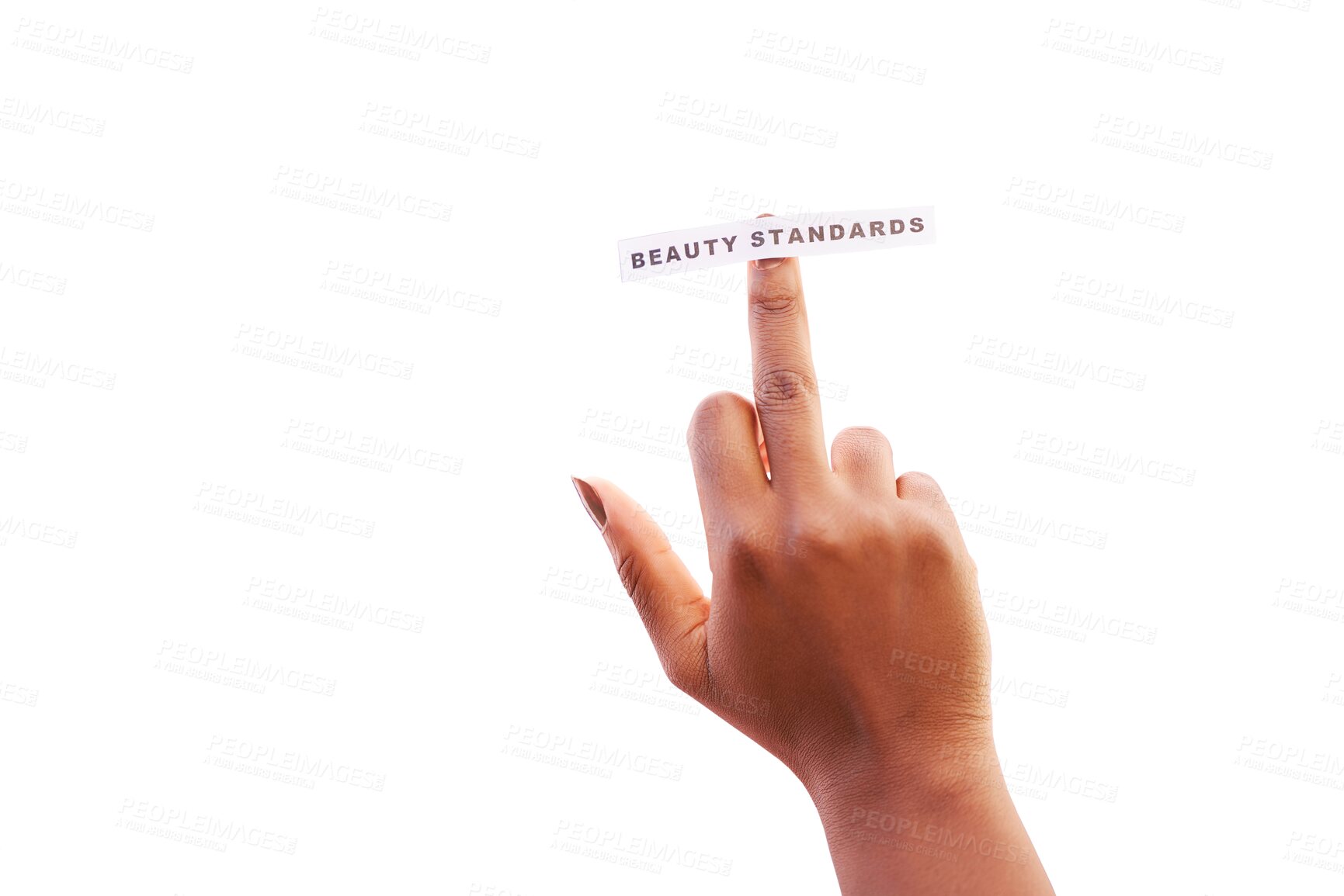 Buy stock photo Middle finger, rebel and hand of woman with conflict on beauty standards, stereotype and society. Opinion, body positivity and female person with rude gesture isolated by transparent png background.