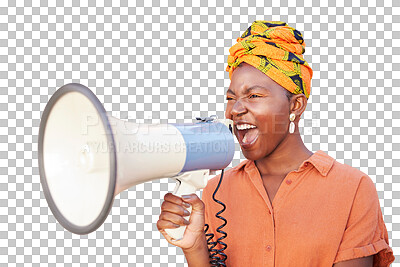 Buy stock photo Megaphone, broadcast and black woman isolated on transparent, png background speaking, protest and voice, Freedom of speech, strong opinion and angry person for call to action, human rights or change