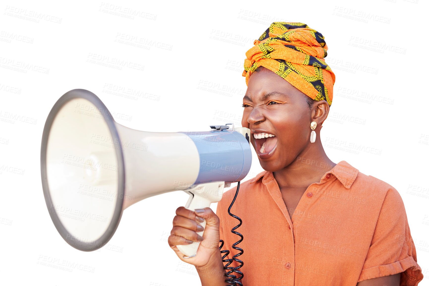 Buy stock photo Megaphone, broadcast and black woman isolated on transparent, png background speaking, protest and voice, Freedom of speech, strong opinion and angry person for call to action, human rights or change