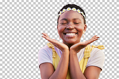Black woman, flower crown and smile in portrait isolated on a transparent png background for natural beauty and joy. Happy african girl, hands and face for hippie glow and flowers for spring