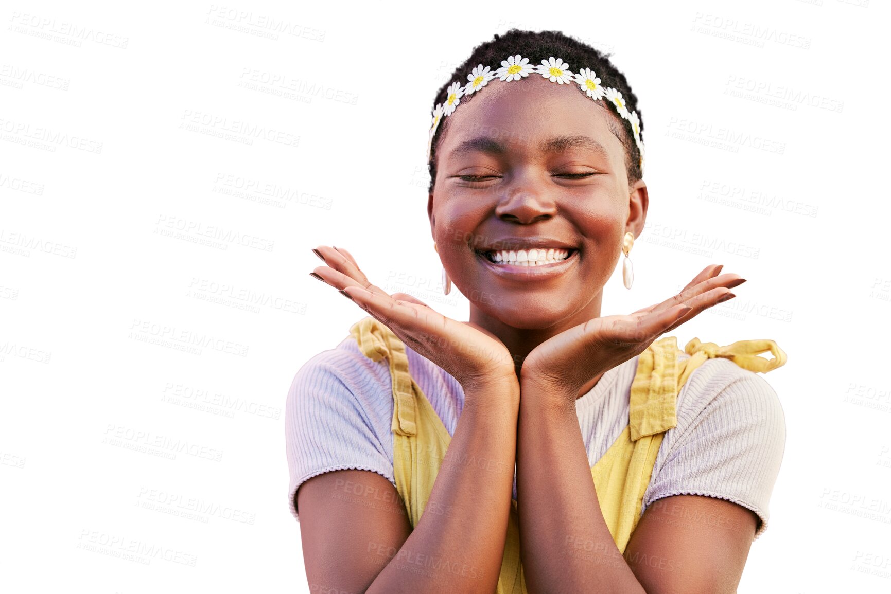 Buy stock photo Flower, crown and a smile on face of a black woman isolated on a transparent png background. Happy, natural and makeup beauty on african person with hands frame for excited glow and spring flowers