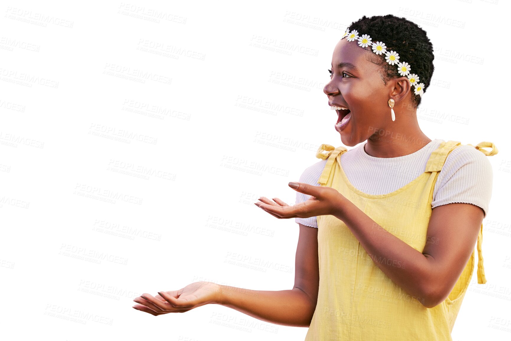 Buy stock photo Black woman, excited and hand or palm for advertising brand space isolated on a transparent png background. Natural beauty, happy and hands of an African girl with announcement, promotion or news