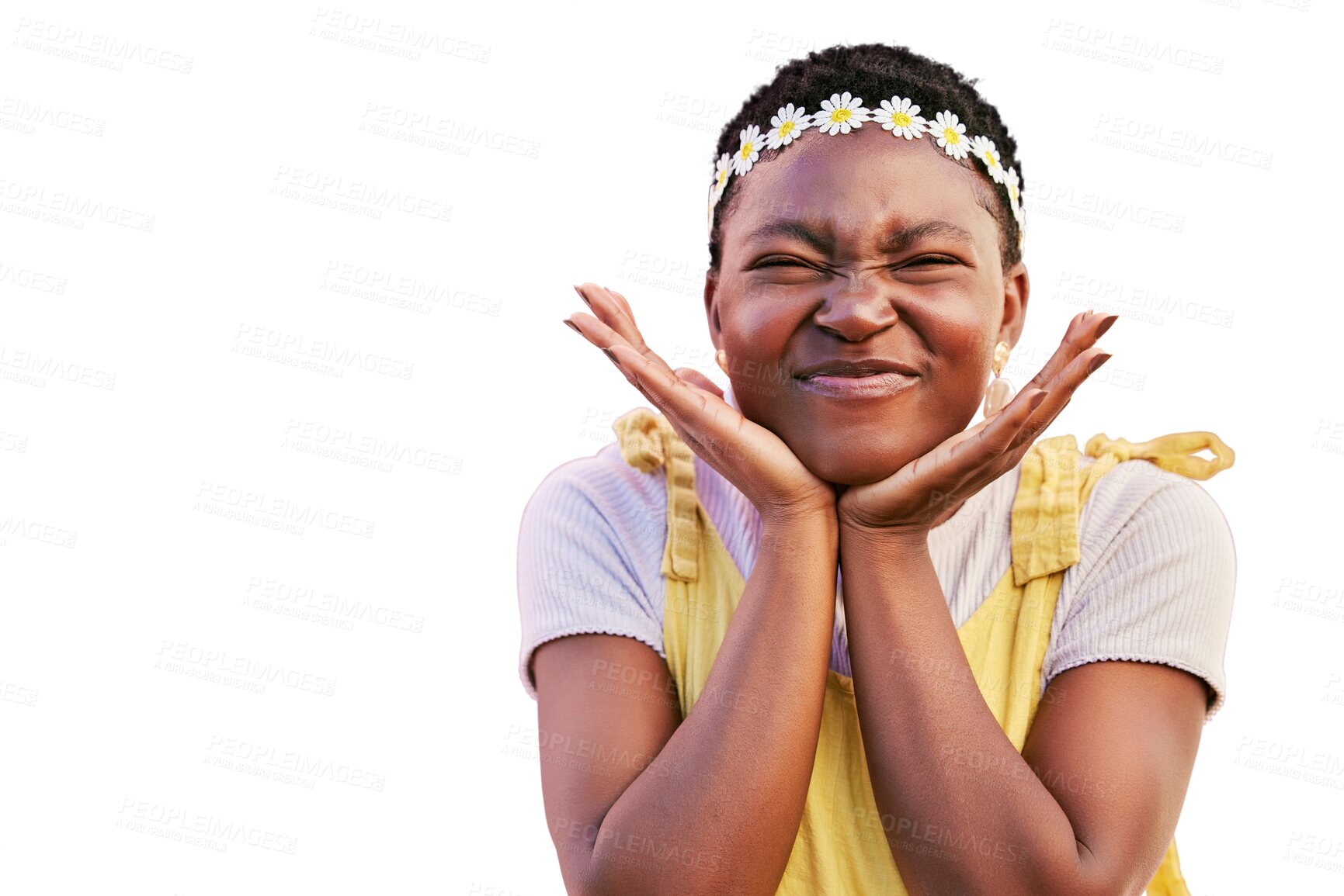 Buy stock photo Black woman, comic smile and hands on face isolated on a transparent, png background with flowers. Natural beauty, happy and frame of an African person with a silly or funny emoji and flower crown