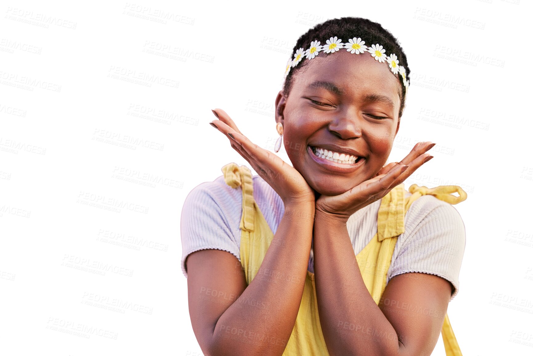 Buy stock photo Flowers, beauty and excited face of black woman isolated on a transparent png background. Natural makeup, happy and hands frame of African girl, emoji or glow with spring flower crown for expression