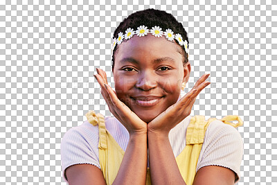Black woman, flower crown and smile in portrait isolated on a transparent png background for natural beauty and cosmetics. Happy african girl, hands and face for hippie glow and flowers for spring
