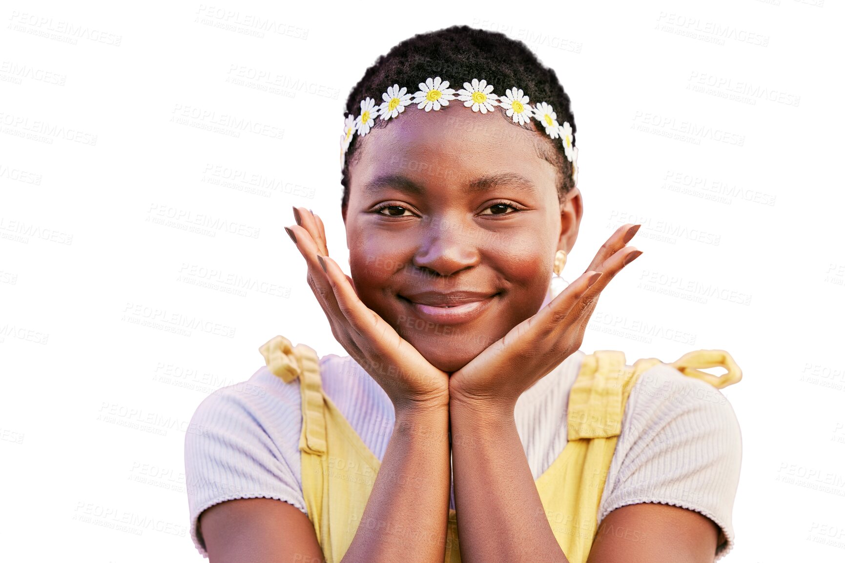 Buy stock photo Black woman, flowers and beauty portrait with hands on face isolated on transparent png background. Natural makeup, smile and emoji frame of an African girl with a smile, glow and spring flower crown