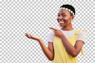 Buy stock photo Pointing finger, palm and portrait of a woman advertising mockup isolated on a transparent, png background. Smile, beauty and hands of happy African person with promotion or presentation space