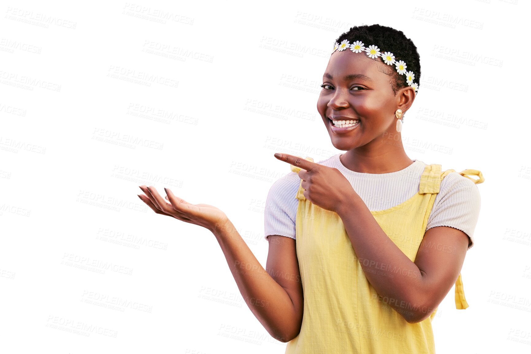 Buy stock photo Pointing finger, palm and portrait of a woman advertising mockup isolated on a transparent, png background. Smile, beauty and hands of happy African person with promotion or presentation space