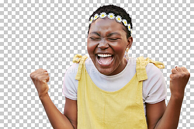 Happy, black woman and excited, success and winner scream yes, celebrate and cheers isolated on a transparent png background. Happiness, motivation and positive mindset with fist for achievement