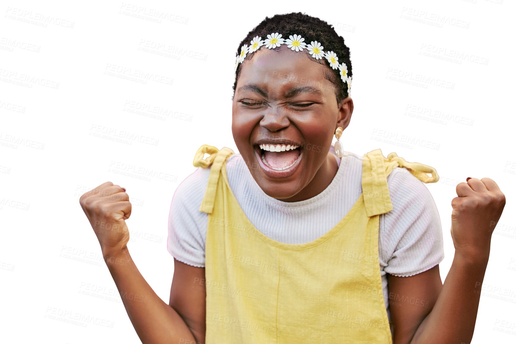 Buy stock photo Black woman, fist celebration or happy winner with goal, achievement and transparent png background. Isolated girl, win or celebrate with excited face for opportunity, profit or bonus in competition