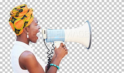 Buy stock photo Megaphone, voice and african woman in protest on isolated, transparent png background speaking on racism. Freedom of speech, strong opinion and angry person for call to action, human rights or change