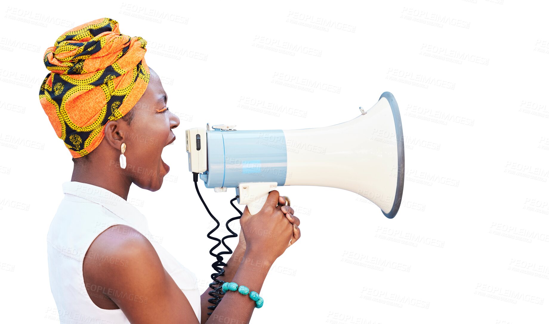 Buy stock photo Megaphone, voice and african woman in protest on isolated, transparent png background speaking on racism. Freedom of speech, strong opinion and angry person for call to action, human rights or change