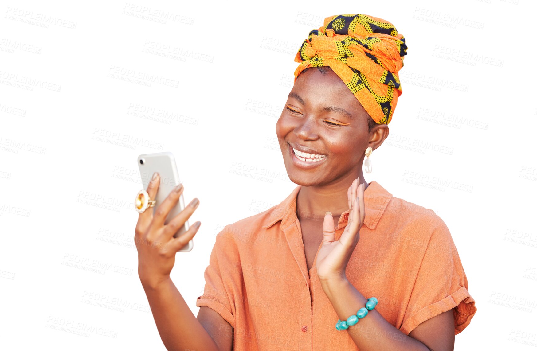 Buy stock photo Video call, phone and african woman isolated on a transparent png background for virtual communication. Happy person waves hello on mobile app for social networking, conversation and online web chat