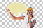 Speech bubble, communication and social media with black woman on mockup for news, vote or review isolated on transparent png background. Design, contact and chat sign with board for voice or opinion