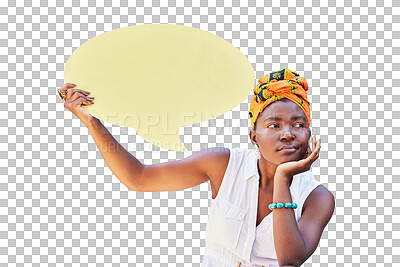 Speech bubble, communication and social media with black woman on mockup for news, vote or review isolated on transparent png background. Design, contact and chat sign with board for voice or opinion