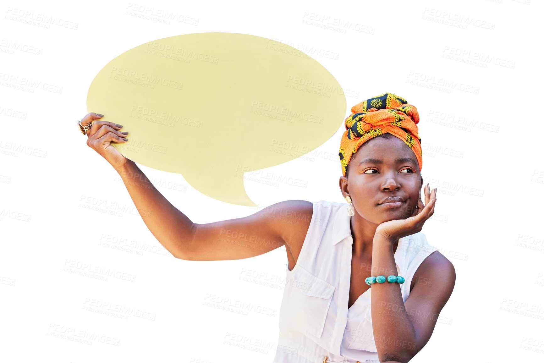 Buy stock photo Social media, speech bubble and bored with a black woman isolated on a transparent background. Thinking, ideas and announcement with a doubtful young african person holding an opinion poster on PNG