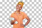 Student, books and portrait of black woman isolated on transparent png background ready for education and learning at school. African girl start at college, university or academy for youth in Nigeria