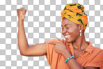 Muscle, strong and arm flex with black woman for empowerment, gender equality and confidence isolated on transparent png background. Power, proud and tough with bicep of girl for success in strength