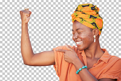 Muscle, strong and arm flex with black woman for empowerment, gender equality and confidence isolated on transparent png background. Power, proud and tough with bicep of girl for success in strength
