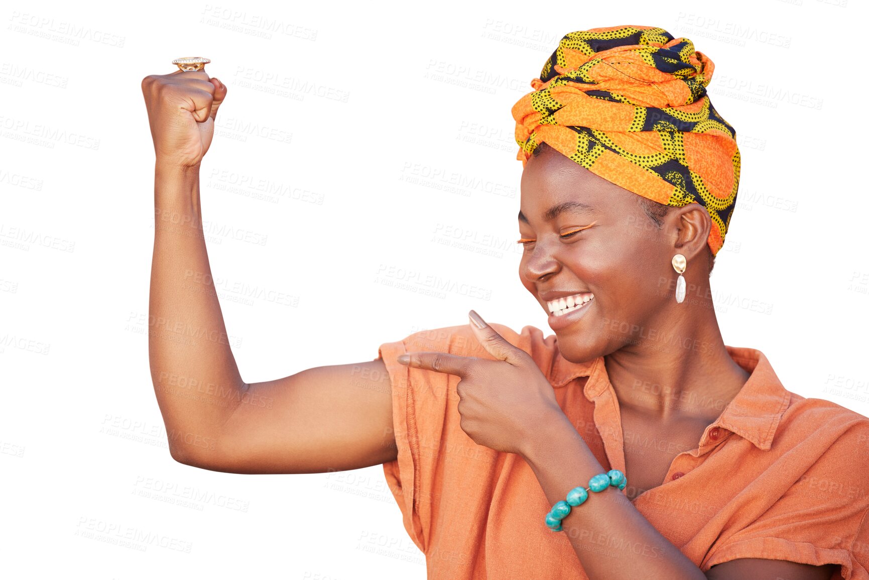 Buy stock photo African woman, muscle and flex isolated on transparent png background for power, success and hard work. Happy model or person in empowerment, feminism or strong hand and arm for energy or motivation