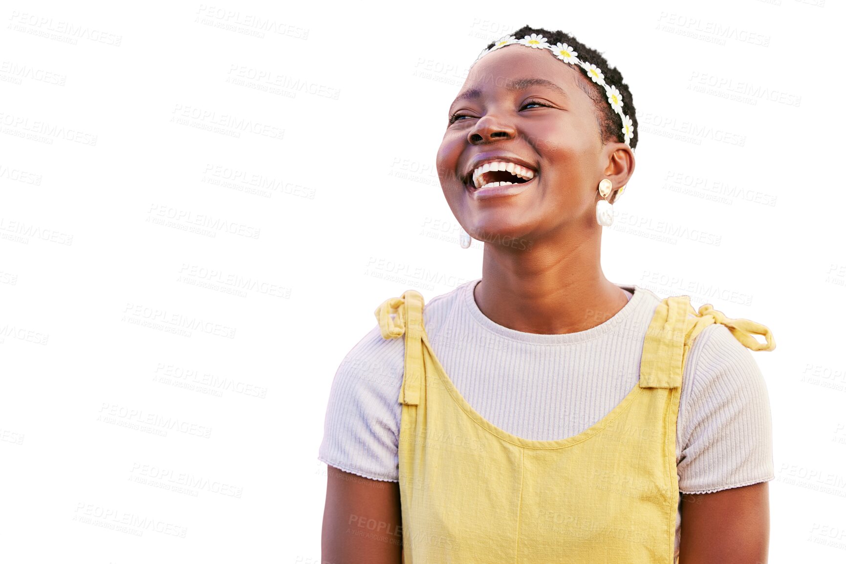 Buy stock photo Laugh, thinking and woman with a funny idea or memory isolated on a transparent, png background. Fashion, natural beauty and happy face of a black person laughing for comic emoji or promotion 