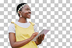 Tablet, social media and black woman thinking of an online idea while isolated on a transparent png background. Tech of happy girl streaming video or browsing and search for an app subscription