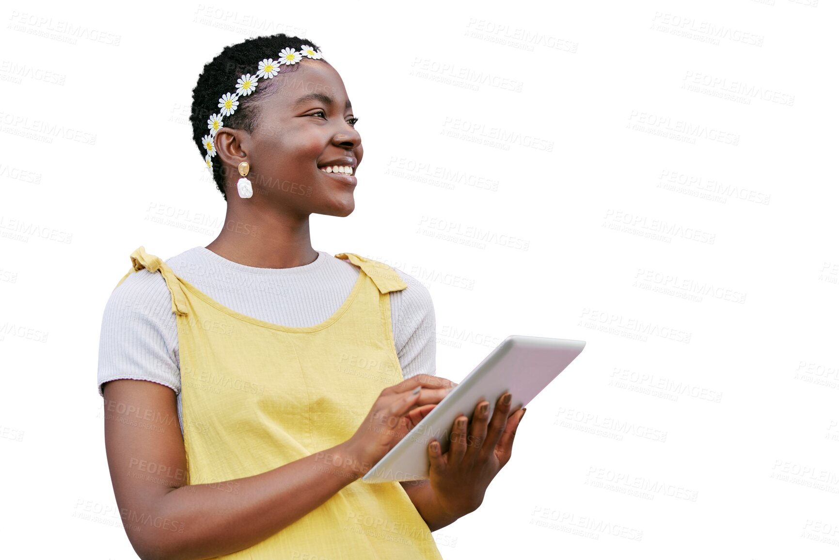 Buy stock photo Thinking, tablet and happy with a black woman isolated on a transparent background for social media. Idea, technology and smile with an attractive young african person browsing the internet on PNG