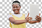 Black woman, selfie or tablet and smile, flower crown or hippie isolated on a transparent png background for social media. Happy influencer taking digital photo with face for fashion or beauty