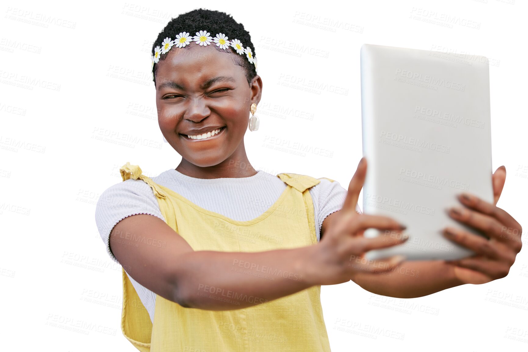 Buy stock photo Tablet, selfie and social media with a woman isolated on a transparent background for a status update. PNG, technology and photograph with a happy young african person posing for a profile picture