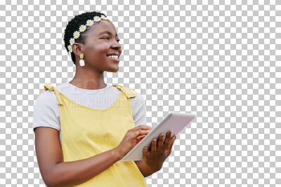 Buy stock photo Idea, tablet and smile with a black woman isolated on a transparent background for social media. Thinking, technology and happy with an attractive young african person browsing the internet on PNG