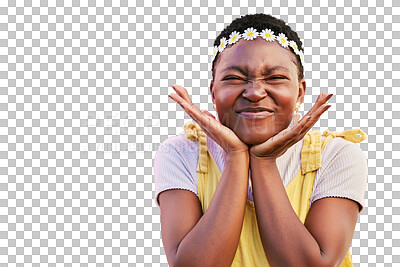 Black woman, flower crown and smile in portrait isolated on a transparent png background for natural beauty and cosmetics. Happy african girl, hands and face for cosmetic glow and flowers for spring
