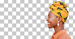 Profile, black woman and smile with head wrap and natural beauty isolated on transparent png background. Jamaican female and girl with traditional headscarf for culture, stylish makeup and mockup