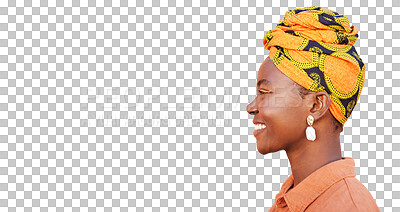 Profile, black woman and smile with head wrap and natural beauty isolated on transparent png background. Jamaican female and girl with traditional headscarf for culture, stylish makeup and mockup