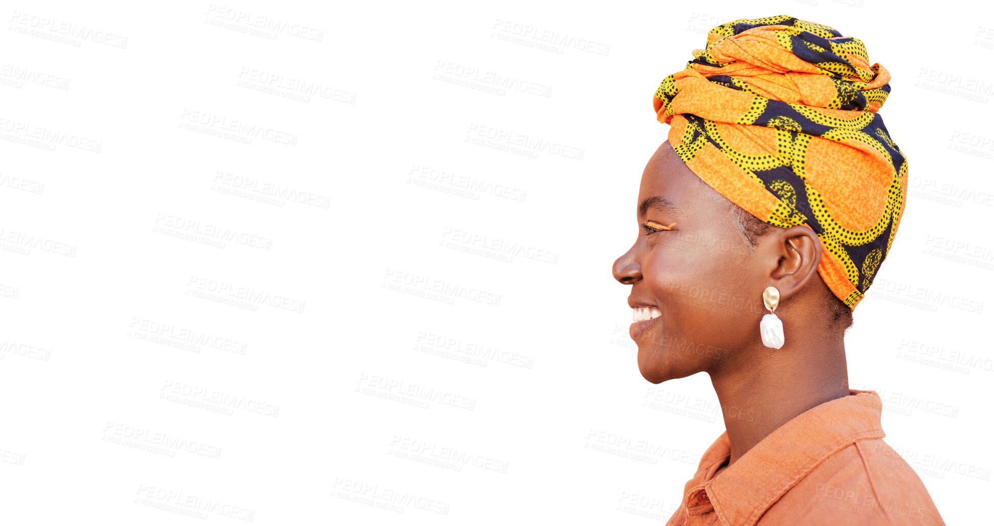 Buy stock photo Beauty profile, black woman and smile with turban isolated on a transparent png background. African, female model and happiness with head scarf for traditional culture, stylish fashion and makeup.