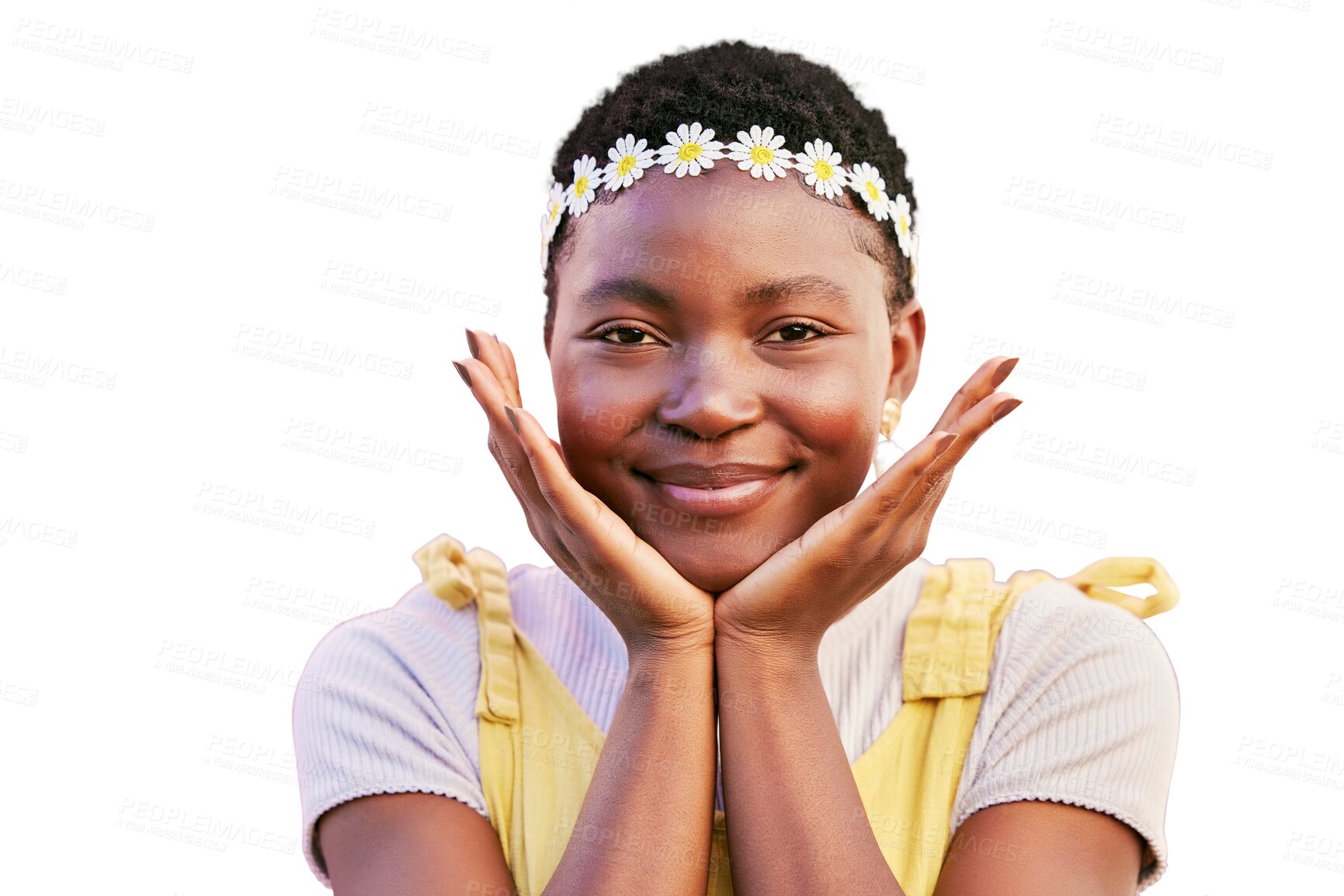 Buy stock photo Black woman, flowers and beauty portrait with hands on face isolated on a transparent png background. Natural makeup, happy and frame of an African girl with a smile, glow and spring flower crown