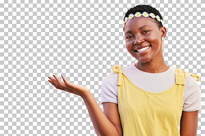 Buy stock photo Happy, hand or palm portrait of a woman advertising mockup isolated on a transparent, png background. Natural beauty, smile or hands of an African person with announcement, logo space or presentation