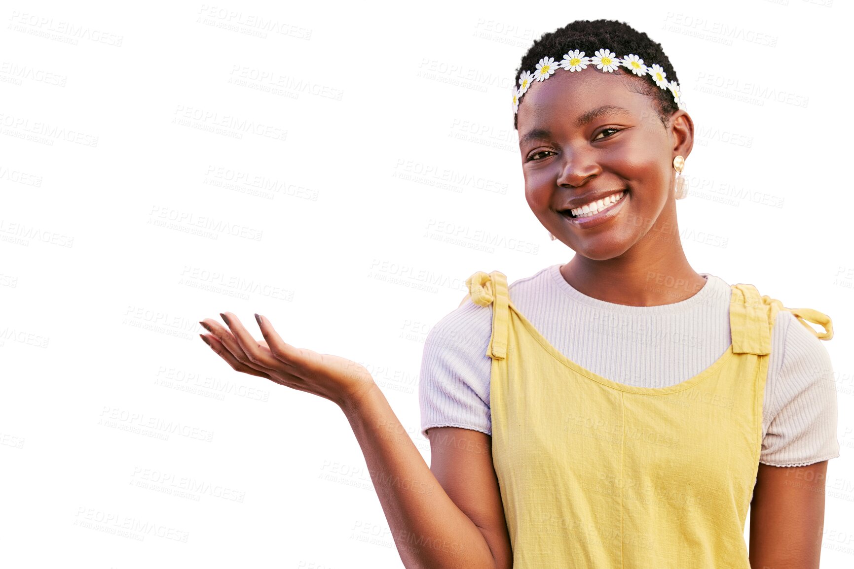 Buy stock photo Happy, hand or palm portrait of a woman advertising mockup isolated on a transparent, png background. Natural beauty, smile or hands of an African person with announcement, logo space or presentation