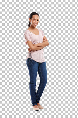 Buy stock photo Fashion, happy and portrait of a woman with crossed arms for confidence with a casual outfit. Happiness, smile and full length of female model with trendy style isolated by transparent png background