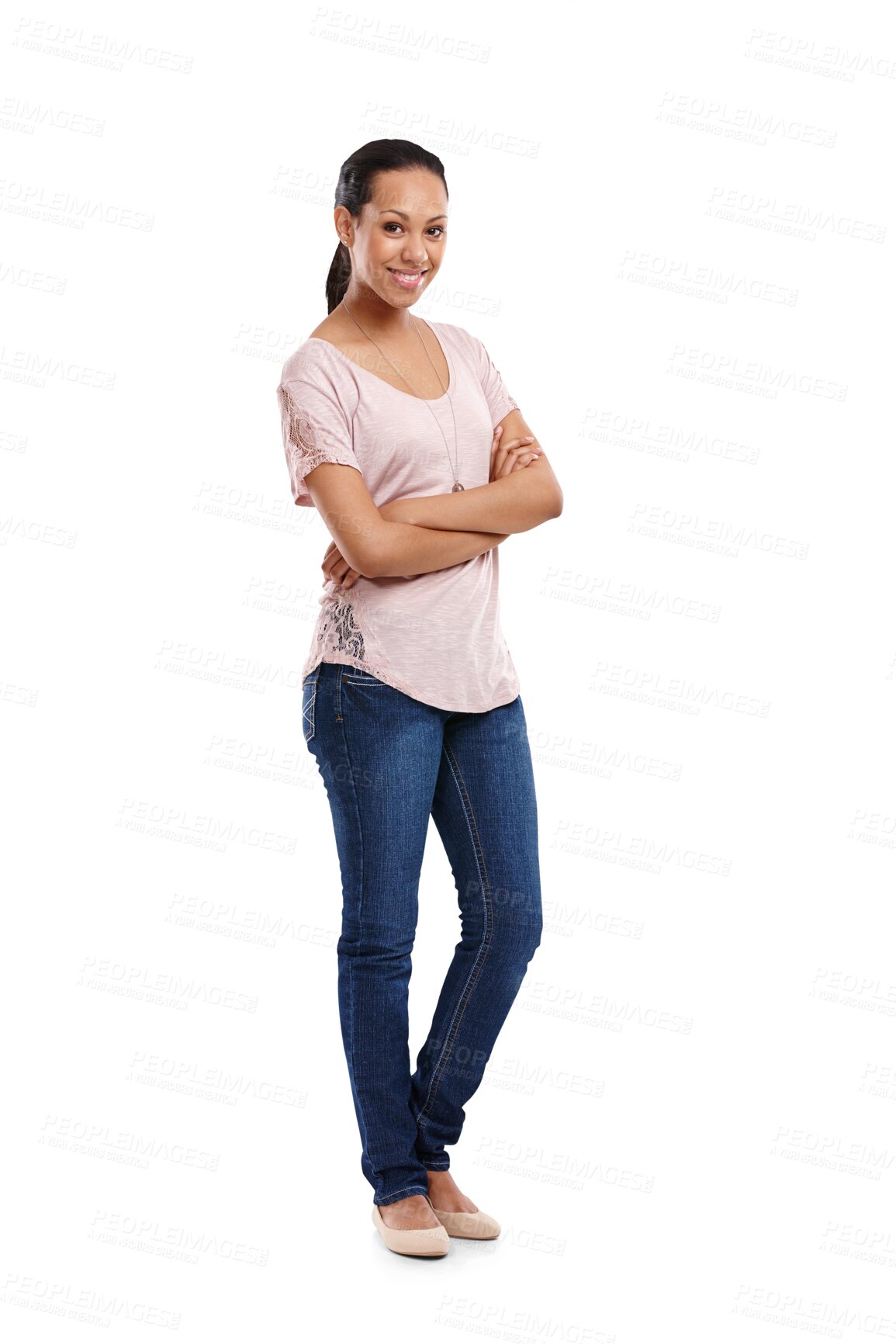 Buy stock photo Fashion, happy and portrait of a woman with crossed arms for confidence with a casual outfit. Happiness, smile and full length of female model with trendy style isolated by transparent png background