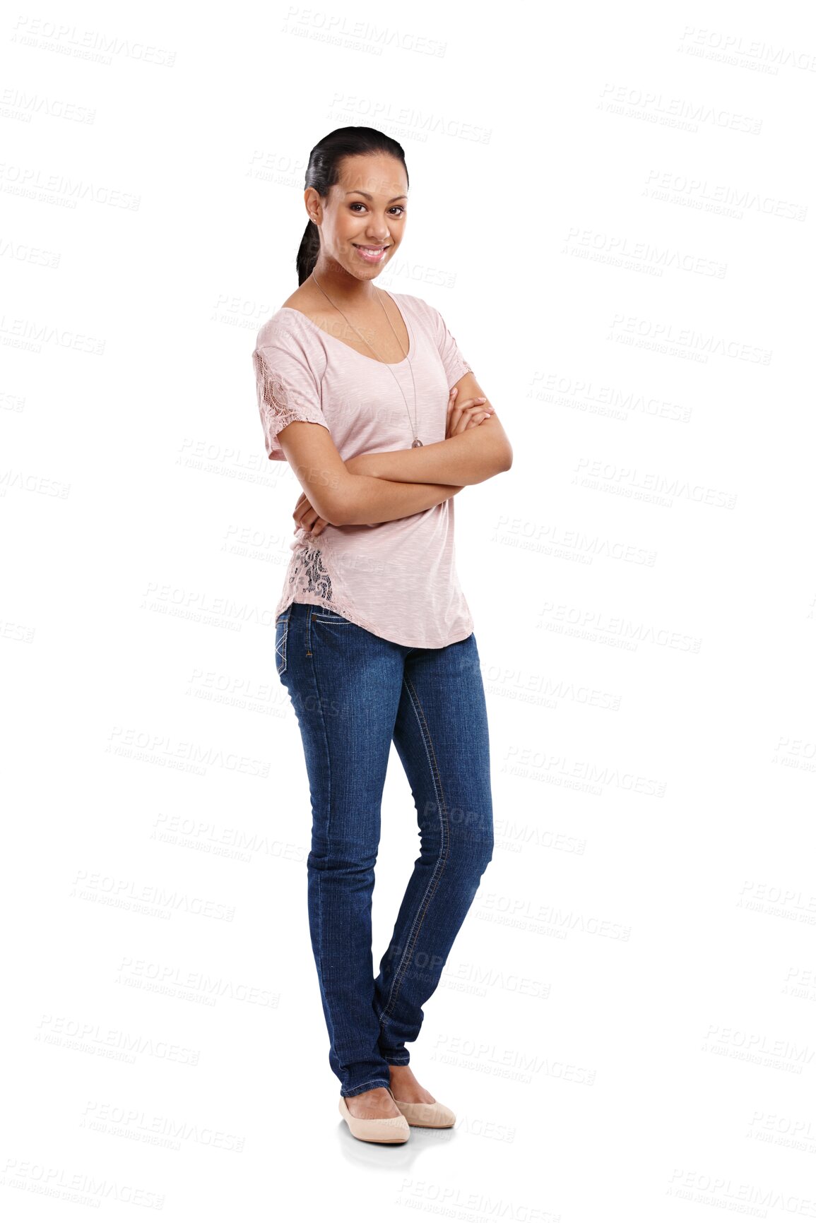 Buy stock photo Fashion, beauty and woman with crossed arms for confidence with a casual stylish outfit. Happiness, smile and full length of a female model with trendy style isolated by a transparent png background.