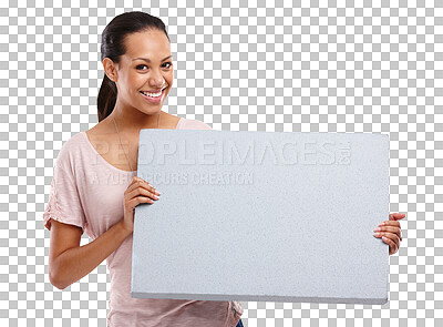 Buy stock photo Portrait, poster and mockup sign with a woman isolated on a transparent background for marketing or advertising. Billboard, branding logo and about us with an attractive young female person on PNG