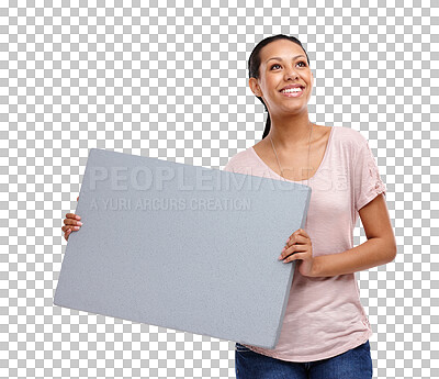 Buy stock photo Happy woman, billboard and smile with sign or poster looking away and thinking of idea. Thoughtful female smiling with board for marketing or advertising isolated on a transparent png background