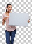 Advertising, board and woman with sign, billboard and point at poster on an isolated and transparent png background. Marketing, branding mockup and excited model for announcement, news or information