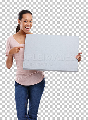 Advertising, board and woman with sign, billboard and point at poster on an isolated and transparent png background. Marketing, branding mockup and excited model for announcement, news or information